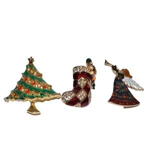 Vtg Stauer Christmas Brooch Angel & stocking Pin lot + Christmas‎ Tree